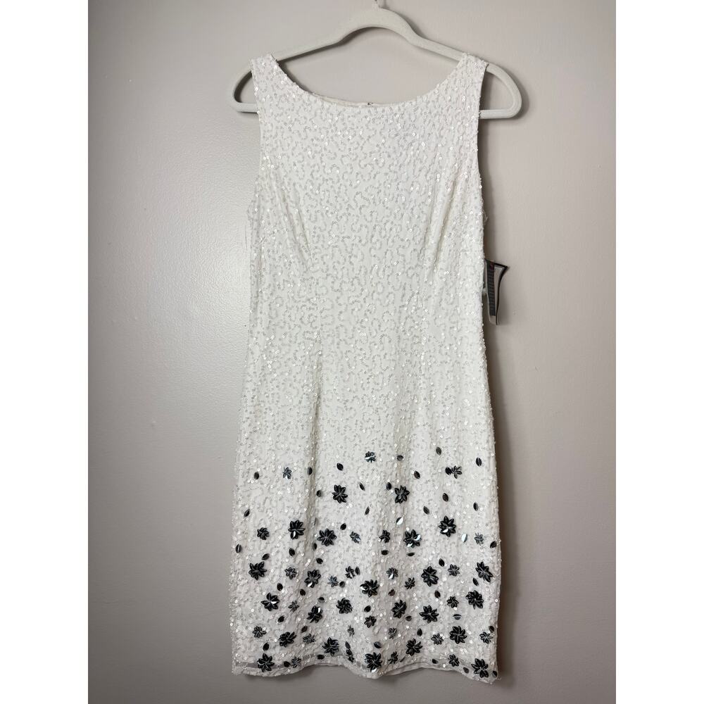 NWT ADRIANNA PAPELL IVORY WHITE SILVER 3D FLORAL SEQUIN BEADED SHORT COCKTAIL - Picture 3 of 9